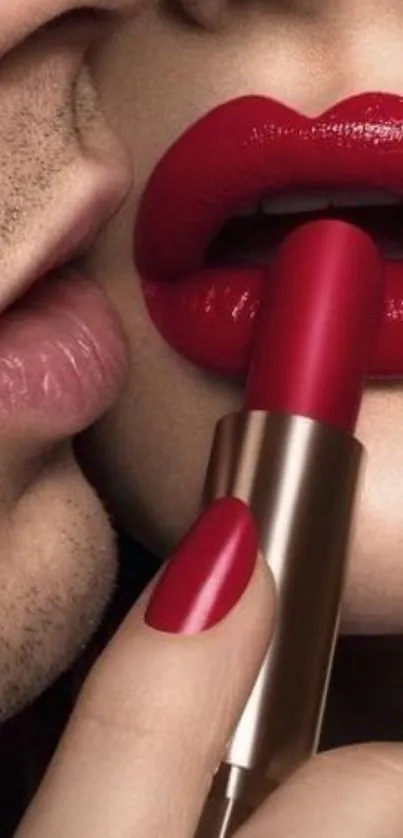 Close-up of bold red lips with lipstick application on a mobile wallpaper.