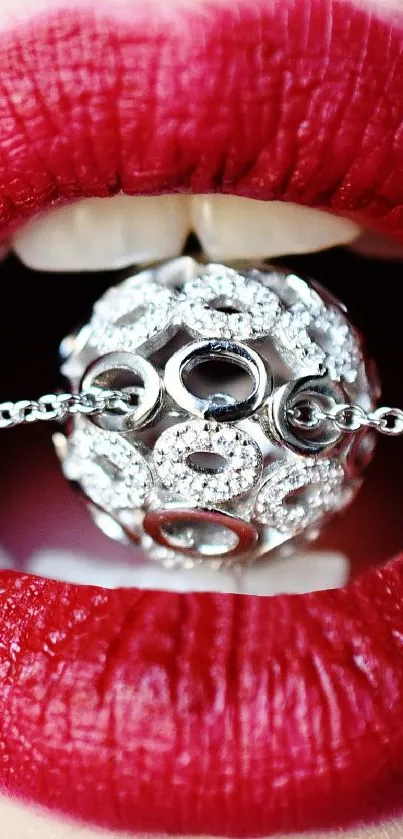 Close-up of red lips with a silver jewel in mouth.