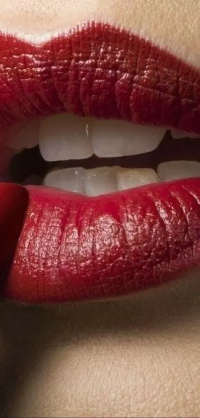 Close-up of glossy red lips with lipstick.