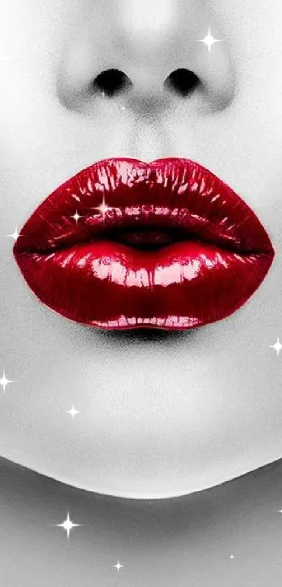 Glossy red lips on monochrome gradient background, stylish and bold.