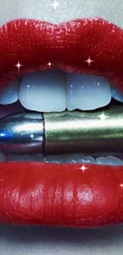 Wallpaper of red lips holding a bullet.