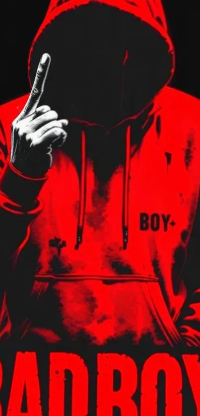 Mysterious figure in a bold red hoodie with edgy design and dark background.