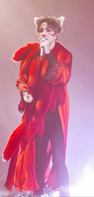 Mobile wallpaper of a performer in a bold red outfit on stage.