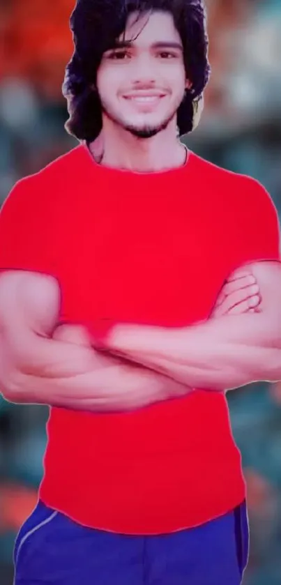 Man in a vibrant red shirt against a colorful blurred background.