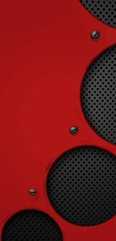 Bold red wallpaper with speaker elements creating a modern, dynamic look.