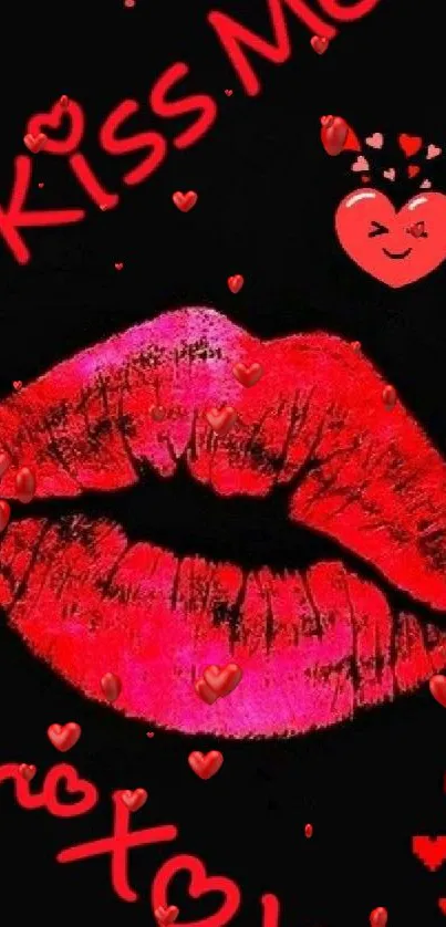 Red lips and hearts wallpaper with "Kiss Me" text.