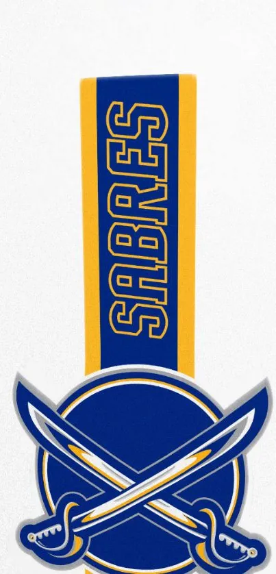 Bold Sabres logo with yellow stripe on a blue background wallpaper.