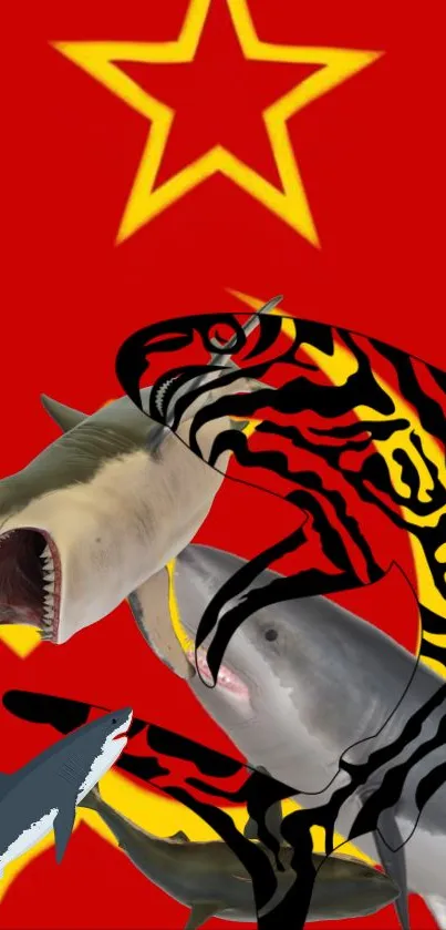 Bold shark and tiger art on vibrant red wallpaper.