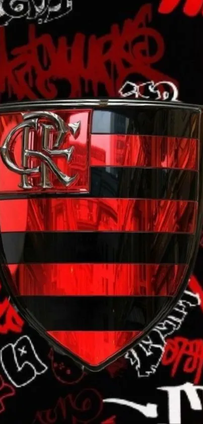 Red and black shield with graffiti background wallpaper.