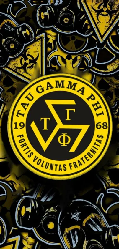 Tau Gamma Phi emblem on black and gold background.