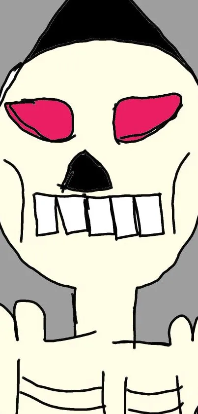 Skeleton art wallpaper with pink eyes on a grey background.