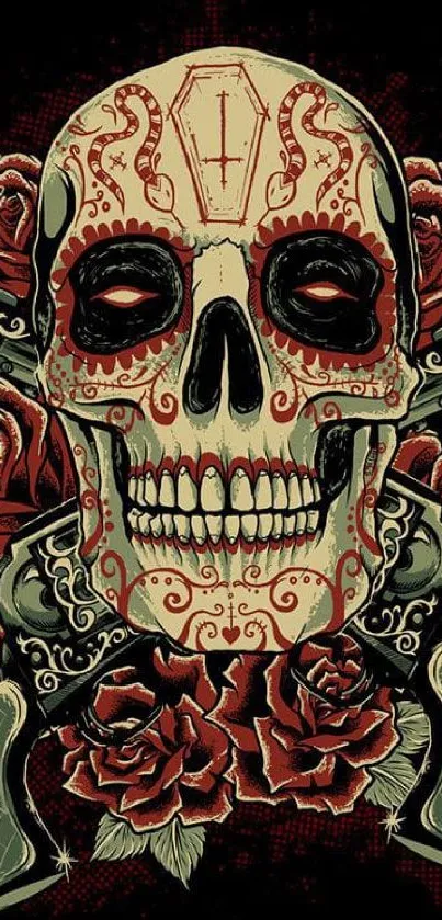 Intricate skull and rose design with dark background.