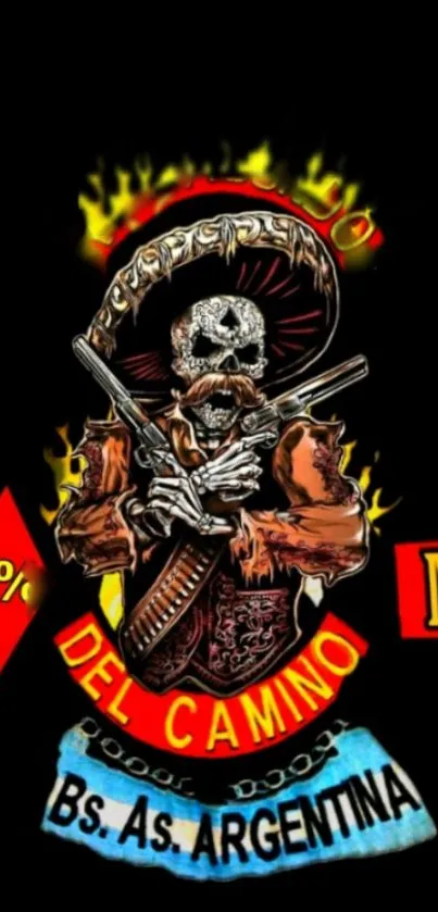 Bold artwork of a skull with guns and flames on a dark background.