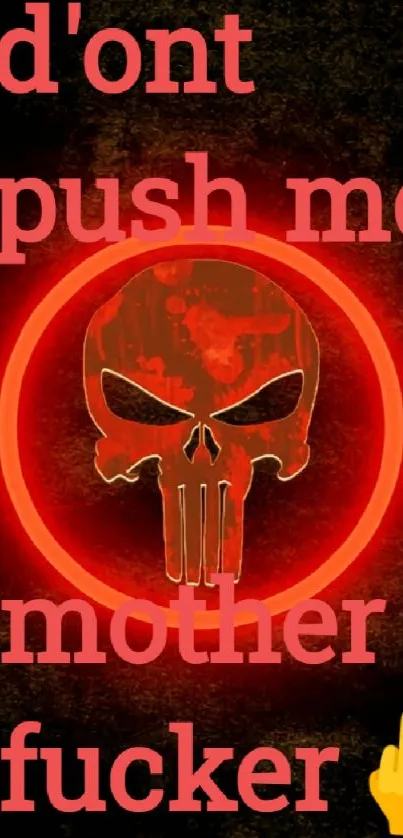 Red glowing skull wallpaper with bold text.