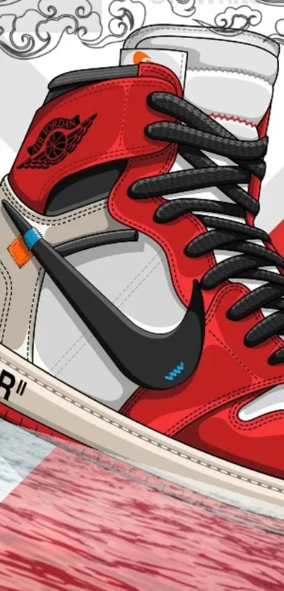 Vibrant red sneaker art mobile wallpaper with bold urban design.