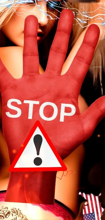 Red hand stop sign on vibrant background.