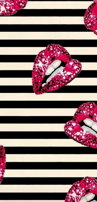 Pink glitter lips on black and white stripes wallpaper.