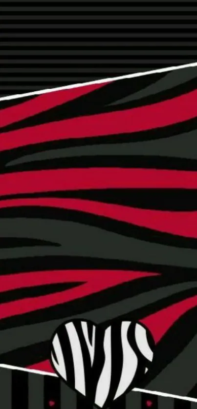 Bold striped wallpaper with a heart design in red and black hues.