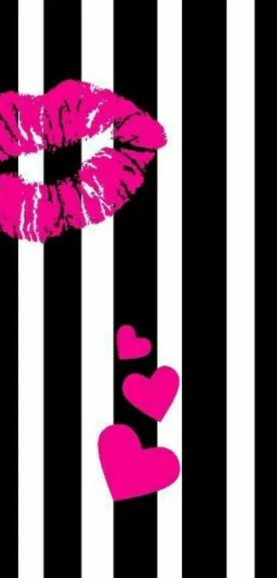 Mobile wallpaper with black stripes and pink lips and hearts.