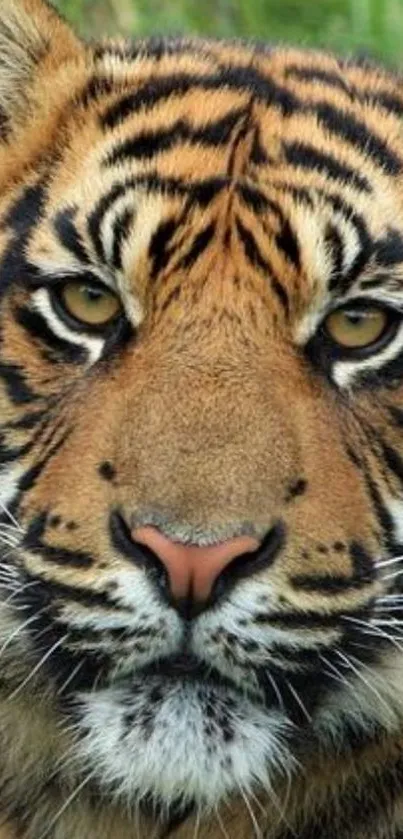 Close-up of a tiger face with striking orange and black stripes.