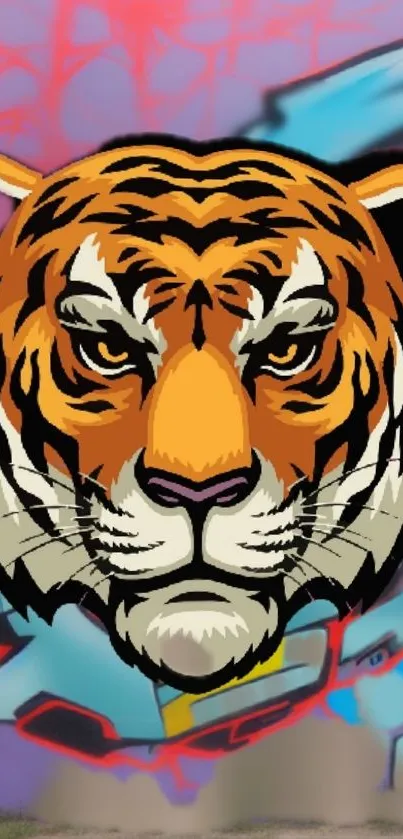 Tiger head graffiti art on colorful urban background.