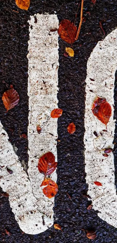 Bold 'No' typography on dark road with autumn leaves, creating an urban vibe.