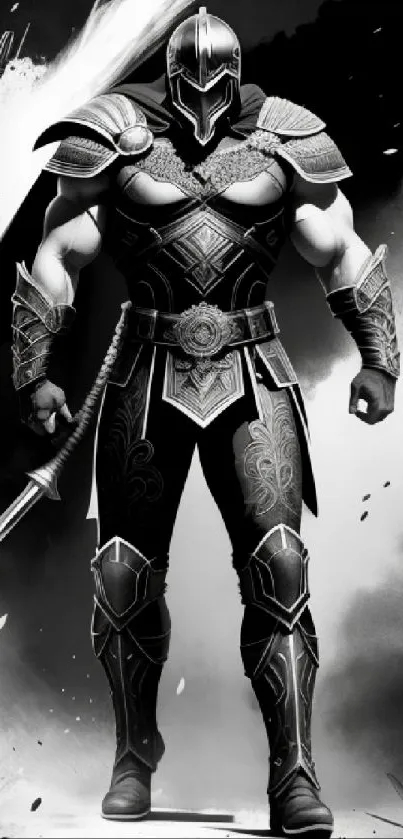 Monochrome warrior knight in detailed armor artwork.