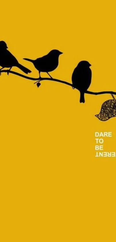 Minimalist yellow wallpaper with black bird silhouettes and text 'Dare to be different'.