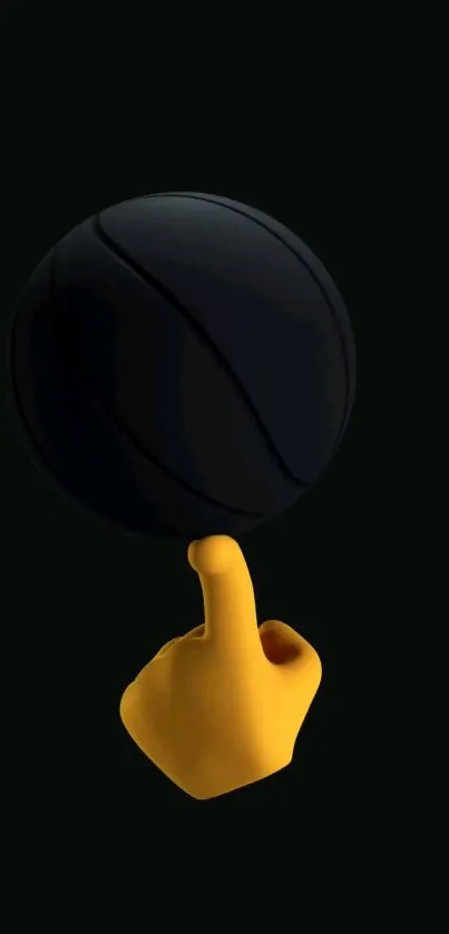 Yellow hand balances black basketball on dark background wallpaper.