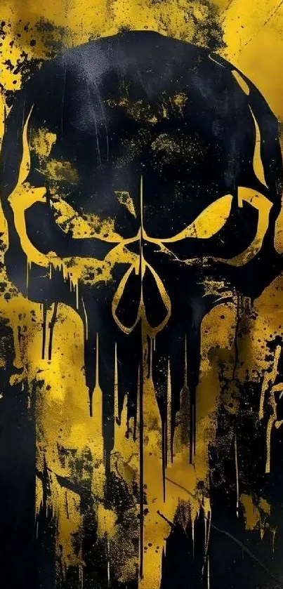 Bold yellow skull design wallpaper with a dark background.