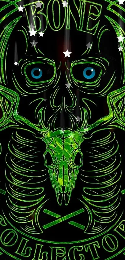 Neon green skeleton design with blue eyes on dark background.