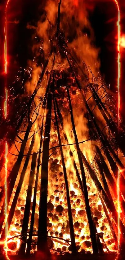 Bright bonfire flames illuminating the night in a captivating mobile wallpaper.