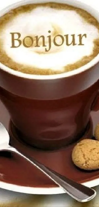 Coffee cup with 'Bonjour' and cookies on saucer.