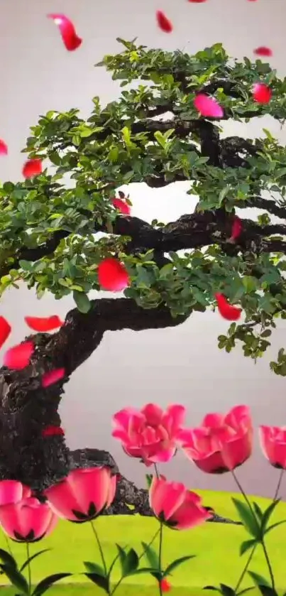 Bonsai tree with red petals and vibrant green leaves.