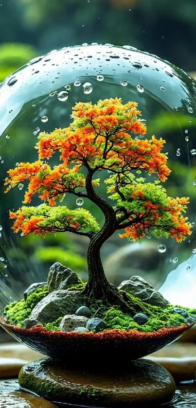 Beautiful bonsai tree inside a glass terrarium with vibrant colors.