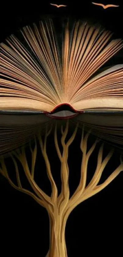 Open book transforms into a tree with flying birds, on a dark background.