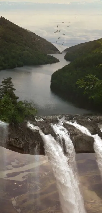 Surreal book transforming into a waterfall with nature elements.