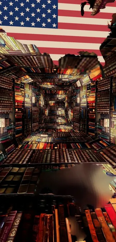 Books tunnel leading to American flag in surreal art wallpaper.