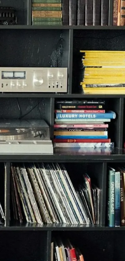 Bookshelf with vintage books and vinyl records mobile wallpaper.