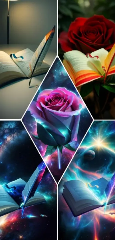 Fantasy art wallpaper with books and cosmic roses.