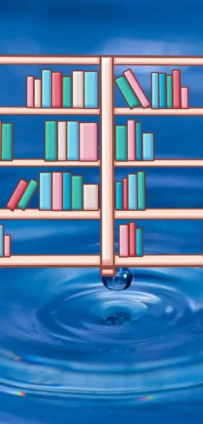 Colorful bookshelf over rippling water in artistic mobile wallpaper.