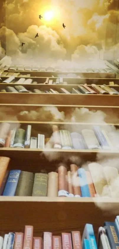 Bookshelf merging into a cloudy sky with sunlight.