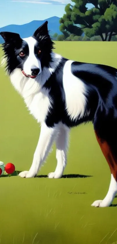 Border Collie standing on a green field with a scenic mountain backdrop.