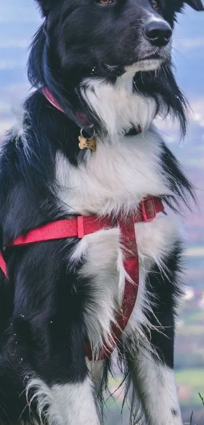 Border Collie on the mountain with a scenic background.