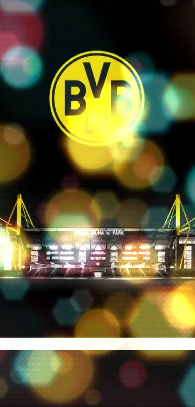 Borussia Dortmund stadium at night with BVB logo.