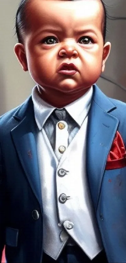 Baby in a suit with city background, exuding urban style and charisma.