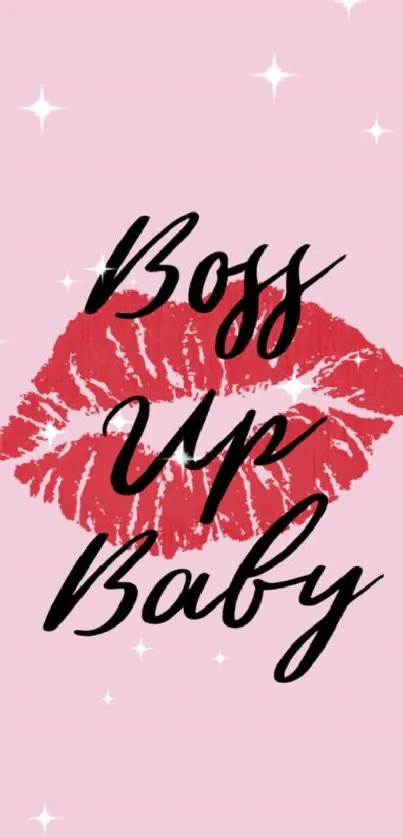 Mobile wallpaper with 'Boss Up Baby' text over red lips on a pink background.