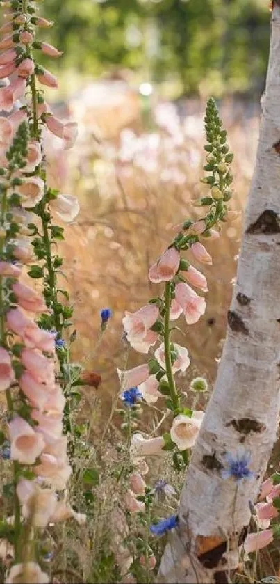 Serene scene with birch trees and wildflowers in sunlight.