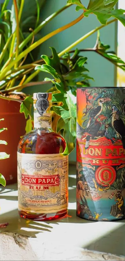 Don Papa Rum bottle with green plants, vibrant packaging, and natural lighting.