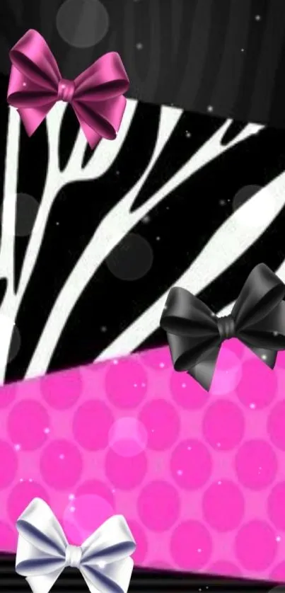 Mobile wallpaper with pink, zebra stripes, and bows.